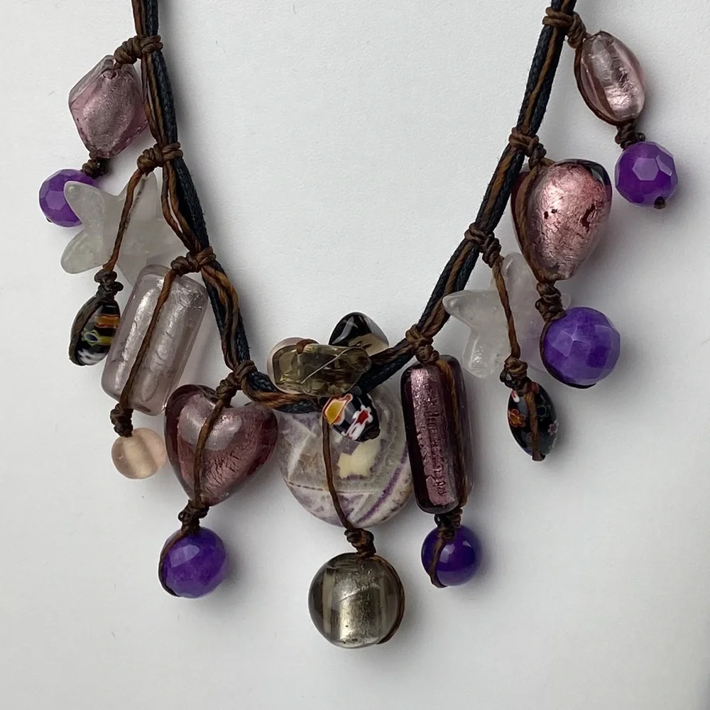 Corded braided dichroic glass polished stone w faceted Millefiori beads necklace